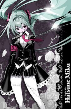 1girl blue_eyes blue_hair colored_skin commentary death flower goth_fashion hatsune_miku highres lace necktie pale_skin pink_eyes pink_skin rose scocasr skirt symbol-only_commentary twintails vocaloid white_flower white_rose zombie