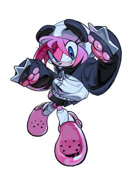 1girl alternate_eye_color amy_rose animal_costume animal_hood animal_nose black_jacket black_skirt blue_eyes closed_mouth commentary_request crocs full_body furry furry_female highres hood hood_up jacket looking_at_viewer panda_costume pink_shoes pleated_skirt shoes simple_background skirt smile socks solo sonic_(series) standing tokiwa757 white_background white_socks zipper