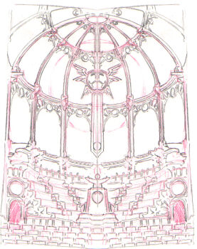 Rule 34 | building, cathedral, church, colored pencil (medium), commentary, english commentary, full moon, graphite (medium), indoors, moon, no humans, official art, production art, sketch, statue, symmetry, tetsuwan atom, tez okano, traditional media, very wide shot, white background