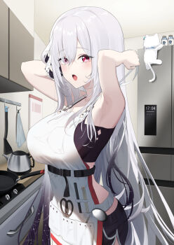 1girl adjusting_apron apron apron_pocket arms_behind_head arms_up bare_shoulders belt_buckle black_shorts blush bottle breasts buckle cabin cat chopsticks collarbone commentary_request constellation_print crop_top cutting_board dolphin_shorts earendel_(jishenkong_jihua) electric_kettle frying_pan gradient_hair hair_between_eyes indie_virtual_youtuber indoors jishenkong_jihua kettle kitchen ladle large_breasts long_hair looking_at_viewer milk_bottle multicolored_hair open_mouth purple_hair red_eyes refrigerator restia_(streamer) ri_qing scissors short_shorts shorts skull_print solo standing stove very_long_hair virtual_youtuber white_apron white_hair