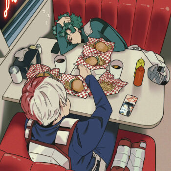 boku_no_hero_academia bones_(company) burger cellphone coffee coffee_mug couch cup curly_hair diner eating food freckles french_fries green_hair indoors midoriya_izuku mug multicolored_hair phone red_hair redmomo00 shounen_jump sitting sleeping superhero_costume table tired_eyes tododeku todoroki_shoto two-tone_hair white_hair