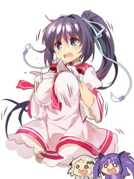 3girls between_breasts black_hair blue_eyes blue_ribbon blush bouncing_breasts breast_hold breasts chibi chibi_inset chinese_commentary commentary company_connection cowboy_shot dress earthquake fang floating_hair frilled_dress frilled_sleeves frills gloves grey_hair hair_between_eyes hair_intakes hair_ribbon highres juliet_sleeves kazamatsuri_institute_high_school_uniform key_(company) konohana_lucia large_breasts little_busters! lliissaawwuu2 long_hair long_sleeves looking_at_breasts looking_down motion_lines multiple_girls necktie necktie_between_breasts noumi_kudryavka o_o open_mouth pink_dress ponytail puffy_sleeves purple_hair red_necktie red_ribbon rewrite ribbon sasasegawa_sasami school_uniform simple_background solo_focus standing surprised trembling very_long_hair wavy_hair white_background white_gloves wide_sleeves