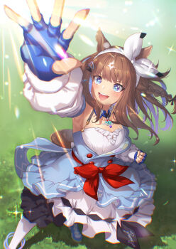 Rule 34 | 1girl, :d, almond eye (umamusume), animal ears, arm up, armpits, beruu, blue dress, blue eyes, blue gloves, blue hair, blue shoes, braid, braided sidelocks, breasts, brown hair, character name, cleavage, colored inner hair, commentary request, detached collar, detached sleeves, dress, fingerless gloves, gloves, grass, hairband, highres, horse ears, horse girl, long hair, looking up, medium breasts, multicolored hair, open mouth, red button, shoes, smile, solo, umamusume, white hair, white hairband