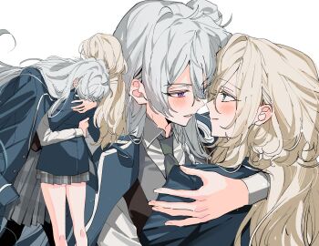Rule 34 | 2girls, blonde hair, blue eyes, blue jacket, blush, closed mouth, collared shirt, eichi turnr, ensemble stars!, eye contact, genderswap, genderswap (mtf), green necktie, grey skirt, hand on another's shoulder, hibiki wataru, highres, hug, jacket, jacket on shoulders, long hair, looking at another, multiple girls, necktie, parted lips, plaid clothes, plaid skirt, purple eyes, school uniform, shirt, simple background, skirt, smile, tenshouin eichi, white background, white hair, white shirt, yuri