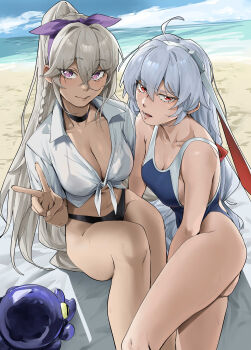 2girls absurdres ahoge alternate_costume animal_ear_hairband animal_ears beach bikini black_bikini blue_sky bow bow_hairband breasts cleavage closed_mouth cloud collared_shirt commentary competition_swimsuit dark-skinned_female dark_skin diminutive_entropic emile_aoi fake_animal_ears girls&#039;_frontline girls&#039;_frontline_2:_exilium girls&#039;_frontline_neural_cloud grey_hair hairband highres krolik_(girls&#039;_frontline_2) long_hair looking_at_viewer lower_teeth_only multiple_girls nemesis_(girls&#039;_frontline_2) ocean one-piece_swimsuit open_mouth purple_bow purple_eyes purple_hairband rabbit_ears red_eyes shirt short_sleeves sitting sky swimsuit teeth tied_shirt v white_hair white_shirt