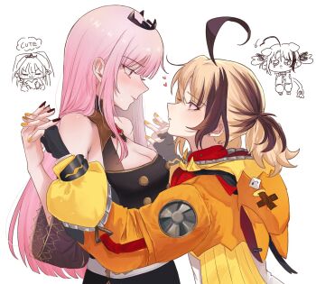 2girls ahoge arrow_through_heart bare_shoulders black_dress black_gloves black_nails blonde_hair blush breasts brown_hair chibi chibi_inset commentary dress earrings english_commentary english_text eye_contact fingerless_gloves from_side gigi_murin gigi_murin_(1st_costume) gloves happy_(yppah1060) heart highres holding_hands hololive hololive_english hood hoodie huge_ahoge interlocked_fingers jewelry large_breasts long_hair long_sleeves looking_at_another mori_calliope mori_calliope_(1st_costume) multicolored_hair multiple_girls nail_polish orange_hoodie orange_nails pink_eyes pink_hair profile simple_background sketch_inset speech_bubble stud_earrings thought_bubble tiara two-tone_hair upper_body very_long_hair virtual_youtuber white_background yuri