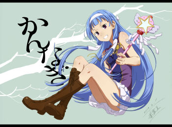 1girl absurdres blue_hair blunt_bangs female_focus flat_chest full_body hair_tubes hairband highres kannagi long_hair nagi pleated_skirt purple_eyes skirt solo wand wei_cheng white_skirt