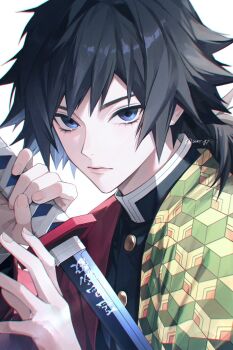 1boy black_hair black_jacket blue_eyes buttons closed_mouth commentary_request demon_slayer_uniform empty_eyes gold_buttons hair_between_eyes haori high_collar highres holding holding_sword holding_weapon jacket japanese_clothes katana kikkoumon kimetsu_no_yaiba long_hair looking_at_viewer low_ponytail male_focus ponytail print_haori red_haori simple_background solo spiked_hair sword sword_writing tomioka_giyuu upper_body urr_gy weapon white_background