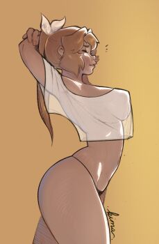 1girl arms_behind_head arms_up artist_name black_panties blonde_hair breasts copyright_request crop_top from_side hair_ribbon highres kima-maki large_breasts long_hair navel orange_background panties profile ribbon shiny_skin shirt short_sleeves simple_background solo stomach underwear white_ribbon white_shirt wide_sleeves