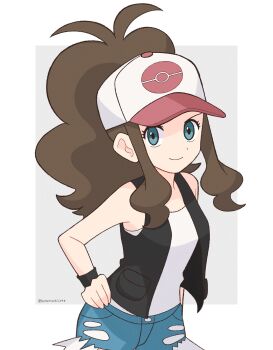 1girl baseball_cap black_vest blue_eyes botamochi126 breasts brown_hair closed_mouth cutoffs denim denim_shorts exposed_pocket hat high_ponytail highres hilda_(pokemon) long_hair looking_at_viewer nintendo open_clothes open_vest pokemon pokemon_bw ponytail shirt shorts sidelocks simple_background smile solo vest white_shirt wristband