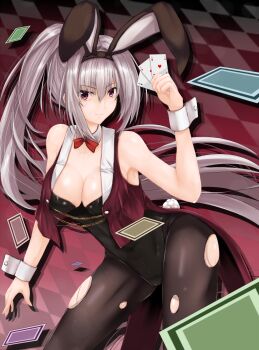 &gt;:) 1girl absurdres ace_(playing_card) ace_of_clubs ace_of_diamonds ace_of_hearts animal_ear_hairband animal_ears bare_shoulders black_hairband black_leotard black_pantyhose bow bowtie breasts card checkered_background cleavage closed_mouth club_(shape) commentary cowboy_shot detached_collar diamond_(shape) dracu-riot! drop_shadow elena_olegovna_owen eyelashes eyes_visible_through_hair fake_animal_ears fake_tail floating_card floating_hair grey_hair hair_between_eyes hairband hand_up heart highleg highleg_leotard highres holding holding_card large_breasts leaning_forward leotard light_blush long_hair looking_at_viewer official_alternate_costume official_alternate_hairstyle pantyhose playboy_bunny playing_card ponytail rabbit_ears rabbit_tail red_bow red_bowtie red_eyes shishin_(shishintei) sidelocks simple_background smile solo standing straight_hair tail thighs torn_clothes torn_pantyhose v-shaped_eyebrows very_long_hair white_wrist_cuffs wrist_cuffs