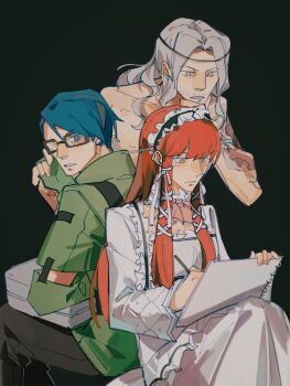 Rule 34 | 1girl, 2boys, black-framed eyewear, black hairband, black pants, blue eyes, blue hair, blunt bangs, bow, closed mouth, drawing, dress, facial hair, frilled hairband, frills, glasses, grey hair, hair bow, hair ribbon, hairband, hand on own chin, holding, holding pencil, holding sketchbook, long hair, long sleeves, looking at another, multiple boys, mustache stubble, orange eyes, pants, parted lips, pencil, persona, persona 3, red hair, ribbon, sakaki takaya, shirato jin, short hair, shuai da, simple background, sitting, sketchbook, sleeves past wrists, stubble, topless male, white bow, white dress, white ribbon, wide sleeves, yellow eyes, yoshino chidori