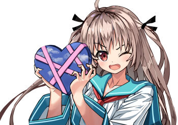 Rule 34 | 1girl, ;d, ahoge, ascot, atri, atri-my dear moments-, black ribbon, blue sailor collar, blush, box, brown hair, collarbone, commentary request, dress, eyebrows hidden by hair, floating hair, gift, hair between eyes, hair ribbon, hands up, heart-shaped box, holding, holding gift, long hair, long sleeves, looking at viewer, one eye closed, open mouth, red ascot, red eyes, ribbon, sailor collar, sailor dress, simple background, smile, solo, two side up, upper body, v-shaped eyebrows, valentine, very long hair, white background, white dress, wide sleeves, yoyoyo.