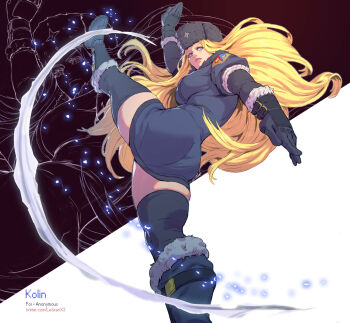 1girl ass blonde_hair gloves hat highres kicking kolin lejeanx3 lips long_hair solo street_fighter thighs very_long_hair