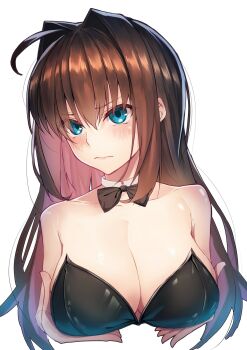 1girl aozaki_aoko bare_shoulders black_leotard blue_eyes blush breasts brown_hair cleavage grabbing_own_breast hair_intakes highres large_breasts leotard long_hair mahou_tsukai_no_yoru solo strapless strapless_leotard toomishou upper_body