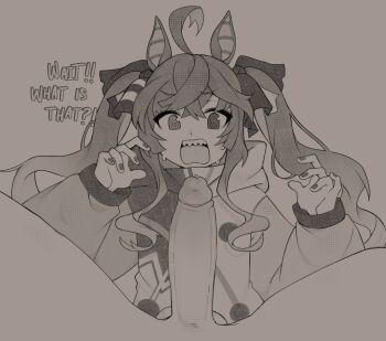 1boy 1girl @_@ absurdres ahoge animal_ears english_text erection greyscale hair_ribbon highres hood hoodie horse_ears horse_girl large_penis loli long_hair long_sleeves looking_at_penis monochrome oniyanna open_mouth penis penis_awe pov ribbon sharp_teeth sweat teeth twin_turbo_(umamusume) twintails umamusume uncensored