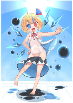 1girl :d @_@ absurdres barefoot black_skirt blonde_hair blue_bow blue_eyes blue_hair blue_sky blush bow breasts cirno clear_sky clothes_pull collared_shirt commentary_request covered_navel fang full_body fusion hair_bow harunoha heterochromia highres ice ice_wings looking_at_viewer multicolored_hair one-piece_swimsuit open_clothes open_mouth open_shirt outdoors puddle red_bow red_eyes rumia shirt short_hair skirt skirt_pull sky small_breasts smile solo standing streaked_hair sun swimsuit touhou v-shaped_eyebrows variant_set water white_one-piece_swimsuit white_shirt wings