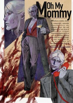 Rule 34 | 1girl, alternate costume, baldur's gate, baldur's gate 3, black coat, black footwear, black pants, blood, breasts, coat, cocktail glass, collarbone, colored skin, commentary, contemporary, corded phone, cup, dark elf, drink, drinking glass, elf, english commentary, english text, full body, hair bun, hand in pocket, high-waist pants, highres, holding, holding cup, holding phone, kong wu shanye, long sleeves, mature female, minthara, multiple views, neck tattoo, open clothes, open coat, outside border, pants, phone, pillarboxed, plunging neckline, pointy ears, profile, purple skin, red eyes, red shirt, shirt, shirt tucked in, short hair, sideboob, single hair bun, smeared blood, standing, tattoo, upper body, white hair, yellow background