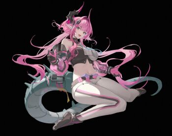 1girl :d ankle_boots arknights arknights:_endfield bare_shoulders belt black_background black_boots black_gloves black_horns blue_eyes blue_hair boots breasts brown_belt chinese_commentary commentary crop_top fang full_body gloves hair_on_horn hair_ornament hair_over_shoulder horns invisible_floor kulu_(ku-lu) large_breasts long_hair long_sleeves looking_at_viewer midriff multicolored_gloves multicolored_hair multicolored_horns navel open_mouth pants pink_gloves pink_hair pink_horns pointy_ears see-through_clothes see-through_sleeves simple_background sitting skin_fang smile solo star-shaped_pupils star_(symbol) streaked_hair symbol-shaped_pupils tail twintails two-tone_gloves two-tone_hair two-tone_horns wariza waving white_pants yvonne_(arknights)