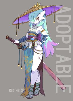 1girl 2025 absurdres adoptable alternate_color alternate_hair_length alternate_hairstyle armlet artist_name bandaged_arm bandages breasts colored_skin commentary english_commentary english_text female_focus floral_print full_body gardevoir gen_3_pokemon hakama hand_on_own_hip hat heart highres holding holding_weapon humanization japanese_clothes jewelry katana medium_breasts nintendo obi pelvic_curtain pokemon pokemon_(creature) red_eyes red_knight_(thescarlknight) sandals sash scar scar_across_eye scar_on_arm scar_on_face serious sheath sheathed shiny_pokemon side_slit simple_background socks solo straw_hat sword thick_thighs thighs watermark weapon white_skin