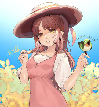 Rule 34 | 1girl, bird, brown eyes, brown hair, commentary request, day, dress, field, flower, flower field, fuwafuwatoufu, hat, highres, kantai collection, long hair, looking at viewer, outdoors, pink dress, shirt, short sleeves, sun hat, wavy hair, white shirt, yashiro (kancolle)