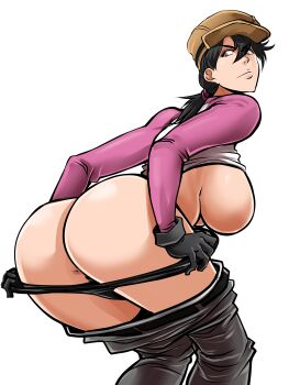 1girl ass black_gloves black_hair bleach breasts breasts_out female_focus gloves hat highres large_breasts pants removing_panties simple_background soyuz001 unagiya_ikumi white_background