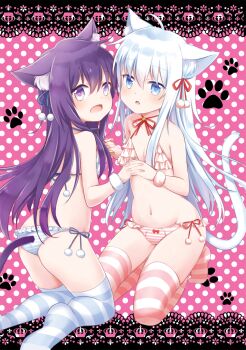2girls ahoge akatsuki_(kancolle) alternate_costume animal_ear_fluff animal_ears ass bikini blue_background blue_eyes blue_hair blue_ribbon blue_thighhighs blush bow bow_bikini breasts cat_ears cat_tail collarbone commentary_request fang frilled_bikini frills from_behind full_body hair_between_eyes hair_ribbon hibiki_(kancolle) highres kantai_collection kemonomimi_mode kneeling loli long_hair long_sidelocks looking_at_viewer motohara_moka multiple_girls navel neck_ribbon necktie open_mouth paw_print paw_print_background pink_background polka_dot polka_dot_background purple_eyes purple_hair red_bikini red_ribbon red_thighhighs ribbon side-tie_bikini_bottom sidelocks skin_fang small_breasts stomach string_bikini striped_bikini striped_clothes striped_thighhighs swimsuit tail thighhighs turning_head very_long_hair white_thighhighs
