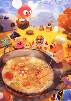 absurdres apron awoofy bronto_burt cappy_(kirby) chef_hat chef_kawasaki corori elfilin food gabon_(kirby) gooey_(kirby) grass hat highres holding holding_ladle hot_sauce king_dedede kirby kirby_(series) ladle magolor maxim_tomato meta_knight mushroom nintendo open_mouth polof scarfy signature smile soup star_block suyasuyabi sweatdrop tree_stump waddle_dee waddle_doo