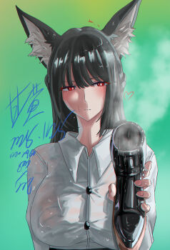 1girl absurdres animal_ears black_hair gan_huang highres holding holding_shoes holding_unworn_clothes hoshimi_miyabi long_hair red_eyes shoes single_shoe steam sweat unworn_shoes zenless_zone_zero