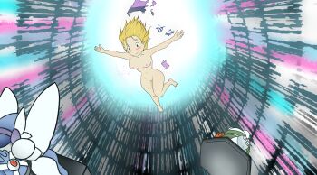 1girl absurdres aged_up barefoot blonde_hair blush breasts breasts_out chackmon completely_nude digimon dubidu123 embarrassed fairimon falling floating_hair henshin highres large_breasts navel nipples nude orimoto_izumi outstretched_arms solo spirit_evolution tia_ivonis torn_clothes transformation