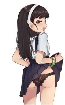 1girl :d ass bakemonogatari black_hair blue_skirt bracelet clothes_lift commission cowboy_shot fang from_behind hachikuji_mayoi hair_down hairband highres jewelry lace lace_panties lifting_own_clothes loli long_hair looking_at_viewer looking_back meemz_a monogatari_(series) open_mouth panties red_eyes shirt short_sleeves simple_background skin_fang skirt skirt_lift smile solo suspender_skirt suspenders underwear very_long_hair white_background white_hairband white_shirt