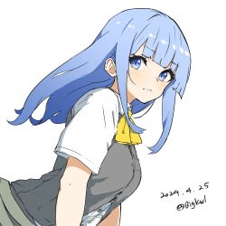 Rule 34 | 1girl, absurdres, bigkwl, blue eyes, blue hair, blunt bangs, collared shirt, dated, dress shirt, grey vest, hatsukaze (kancolle), highres, kantai collection, long hair, neckerchief, one-hour drawing challenge, school uniform, shirt, simple background, solo, twitter username, upper body, vest, white background, white shirt, yellow neckerchief