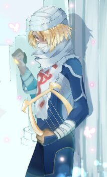 1girl absurdres against_wall androgynous arm_wrap blonde_hair bodysuit chest_sarashi cowboy_shot dark-skinned_female dark_skin fairy hair_over_one_eye harp highres holding holding_instrument instrument looking_at_viewer mask nintendo red_eyes sarashi sheik solo the_legend_of_zelda the_legend_of_zelda:_ocarina_of_time turban