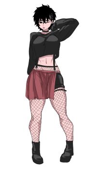 1girl ;b abs amputee black_boots black_choker black_hoodie boots breasts choker ear_piercing fishnet_pantyhose fishnets full_body highres hood hoodie long_sleeves missing_limb muscular muscular_female nasu_(ilo_a5) original pantyhose piercing pleated_skirt red_skirt skirt sleeves_past_fingers sleeves_past_wrists solo suspenders thigh_strap thighs tongue tongue_out underboob