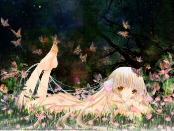 00s 1girl ass barefoot blonde_hair brown_eyes bug butterfly chii chobits clamp feet female_focus flower hair_spread_out insect long_hair lying nude robot_ears soles solo very_long_hair