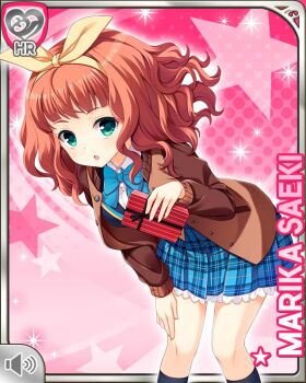 1girl :o blue_bow blue_jacket bow brown_jacket button character_name chocolate curly_hair food girlfriend_(kari) green_eyes hair_bow hand_on_leg heart holding jacket looking_at_object medium_hair official_art open_mouth pink_background plaid_clothes plaid_skirt qp:flapper red_hair ribbon saeki_marika school_uniform shirt skirt valentine white_shirt yellow_ribbon