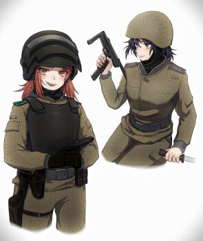 2girls :d absurdres altyn_helmet black_gloves black_hair black_headwear brown_eyes brown_hair brown_headwear brown_pants brown_shirt bulletproof_vest closed_mouth combat_helmet cropped_legs east_germany gloves gradient_background grey_background gun handgun helmet highres holding holding_gun holding_knife holding_weapon knife long_hair long_sleeves looking_at_viewer looking_away makarov_pm military_combat_uniform military_uniform multiple_girls open_mouth original pants pistol pm-63_rak police police_uniform policewoman sharp_teeth shirt sitting smile standing strichtarn submachine_gun teeth tuziki_sang weapon white_background