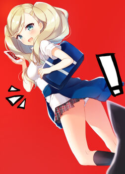 Rule 34 | 10s, 1girl, bag, black cat, black legwear, blonde hair, blouse, blue eyes, breasts, cat, cellphone, clothes around waist, commentary request, female focus, jacket, jacket around waist, long hair, looking at viewer, medium breasts, miniskirt, open mouth, panties, pantyshot, persona, persona 5, phone, red background, sazaki ichiri, school uniform, shirt, shoulder bag, skirt, smartphone, solo, standing, takamaki anne, twintails, underwear, white panties, white shirt