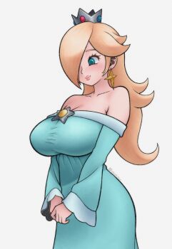 1girl antilerhour blonde_hair blue_eyes breasts large_breasts mario_(series) rosalina simple_background super_mario_galaxy white_background
