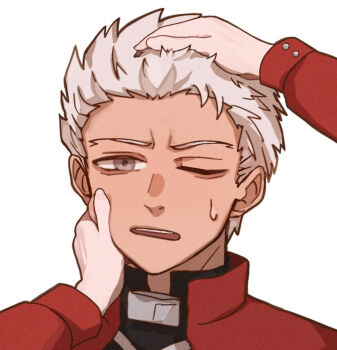 Rule 34 | 1boy, 1girl, archer (fate), cheek pinching, commentary request, dark-skinned male, dark skin, fate/stay night, fate (series), female pov, film grain, grey eyes, headpat, highres, male focus, ohmoto 9, one eye closed, open mouth, pinching, pov, pov hands, sweatdrop, tohsaka rin, white hair