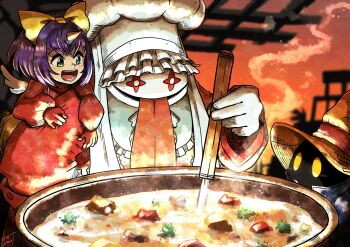 Rule 34 | 1boy, 1girl, 1other, bib, black mage (final fantasy), blue coat, bow, chef hat, coat, colored skin, cooking pot, eiko carol, final fantasy, final fantasy ix, gloves, glowing, glowing eyes, green eyes, hat, highres, horns, mini wings, open mouth, purple hair, quina quen, red gloves, single horn, smile, steam, stew, stirring, tongue, tongue out, vivi ornitier, watawata22, white skin, wings, wizard hat, yellow bow, yellow eyes