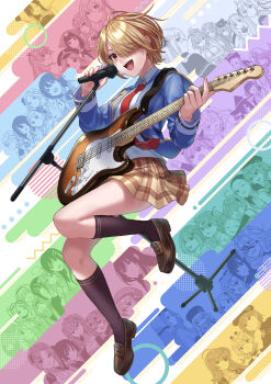6+girls :d absurdres aikawa_megumi aoi_erika asakura_karen_(heaven_burns_red) asami_makiko_(heaven_burns_red) bass_guitar black_socks blazer blonde_hair blue_jacket breasts brown_skirt bungo_yayoi byakko_(heaven_burns_red) carole_reaper charlotta_skopovskaya collared_shirt date_akari electric_guitar glasses guitar hair_ornament hair_over_one_eye hairclip hanamura_shiki hat heaven_burns_red highres higuchi_seika hiiragi_kozue holding holding_instrument holding_microphone holding_plectrum instrument irene_redmayne ishii_iroha izumi_yuki_(heaven_burns_red) jacket jumping kanzaki_adelheid kayamori_hinata kayamori_ruka kiryuu_miya kneehighs kunimi_tama kura_satomi kurozawa_maki li_yingxia loafers long_hair long_sleeves looking_at_viewer maria_de_angelis maruyama_kanata matsuoka_chiroru microphone microphone_stand mikoto_fubuki minase_ichigo minase_sumomo miniskirt mizuhara_aina multiple_girls murohushi_risa music nanase_nanami_(heaven_burns_red) narby_(heaven_burns_red) natsume_inori necktie nikaidou_misato nil_(pixiv_53614557) ogasawara_hisame one_eye_closed one_eye_covered ooshima_ichiko ooshima_isuzu ooshima_minori ooshima_muua ooshima_niina ooshima_yotsuha open_clothes open_jacket open_mouth plaid_clothes plaid_skirt playing_instrument pleated_skirt plectrum red_eyes red_necktie sakuraba_seira satsuki_mari school_uniform shirakawa_yuina shirt shoes short_hair sidelocks singing skirt smile socks solo sugawara_chie tenne_miko tezuka_saki toujou_tsukasa tsukishiro_mona vritika_balakrishnan white_shirt yamawaki_bon_ivar yanagi_mion