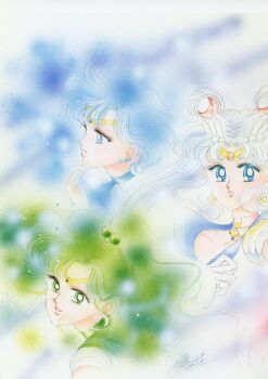 1990s_(style) 3girls absurdres artbook artist_name bishoujo_senshi_sailor_moon blue_eyes blue_hair blue_sailor_collar choker crescent earrings flower_earrings green_eyes green_hair green_sailor_collar highres incredibly_absurdres jewelry kino_makoto mizuno_ami multiple_girls official_alternate_hair_color pale_skin parted_lips pink_choker pink_lips ponytail retro_artstyle sailor_collar sailor_jupiter sailor_mercury sailor_moon scan short_hair signature split_mouth takeuchi_naoko tsukino_usagi wavy_hair white_hair
