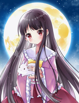 1girl :| animal animal_hug black_hair blunt_bangs blush bow bowtie closed_mouth commentary contrast_collar frilled_sailor_collar frilled_sleeves frills highres houraisan_kaguya long_hair long_sleeves looking_at_viewer moon night night_sky pink_shirt red_eyes red_skirt sailor_collar shirt skirt sky solo straight_hair touhou usami_13403958 very_long_hair white_rabbit_(animal) white_sailor_collar wide_sleeves yellow_bow yellow_bowtie
