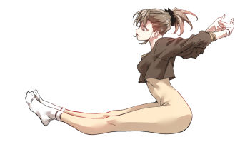 1girl breasts brown_hair closed_eyes from_side full_body highres nabipenciller original ponytail sitting small_breasts socks solo stretching unitard