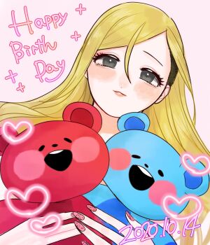 1girl blonde_hair blush commentary_request dated dot_nose english_text eyelashes fujimoto_rina grey_eyes hair_between_eyes happy_birthday heart highres holding holding_stuffed_toy idolmaster idolmaster_cinderella_girls long_hair nail_polish omizu_(mm8mm) smile solo stuffed_animal stuffed_toy teddy_bear undercut