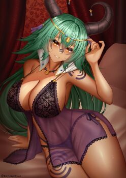 1girl azura_dulait babydoll black_horns body_markings breasts cleavage facial_mark goat_girl goat_horns green_hair horizontal_pupils horns large_breasts long_hair panties rayleigh_scale second-party_source side-tie_panties solo strap_pull tan twitter_username underwear vallure virtual_youtuber yellow_eyes