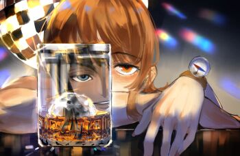 2025 2girls alcohol bare_shoulders black_hair blue_eyes blunt_bangs blush close-up commentary compass cup disco_ball drinking_glass drunk hashtag-only_commentary highres ice ice_cube implied_yuri indoors log_pose looking_at_another mrjieshisu multiple_girls nami_(one_piece) nico_robin one_piece orange_eyes orange_hair parted_lips reflection short_hair smile symbol-only_commentary