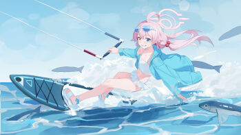 1girl absurdres ahoge ankle_strap bare_legs beads bikini bikini_skirt blue-tinted_eyewear blue_archive blue_eyes blue_jacket chinese_commentary collarbone commentary crossed_bangs day eyewear_on_head fanshuimucishen feet fish flat_chest floating_clothes floating_hair frilled_bikini frills full_body grin hair_beads hair_between_eyes hair_bobbles hair_ornament halo heterochromia highres holding hoshino_(blue_archive) hoshino_(swimsuit)_(blue_archive) huge_ahoge jacket loli long_hair long_sleeves looking_at_viewer making-of_available navel ocean off_shoulder official_alternate_costume official_alternate_hairstyle open_clothes open_jacket orange_eyes pink_hair pink_halo sandals sky slides smile solo splashing standing sunglasses surfboard surfing swimsuit thighs tinted_eyewear toes twintails very_long_hair water white_bikini white_sandals