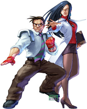 Rule 34 | 1boy, 1girl, blue hair, capcom, doctor, fingerless gloves, glasses, gloves, high heels, justice gakuen, kawano takuji, lab coat, long hair, minazuki kyoko, miniskirt, namco, namco x capcom, necktie, official art, pantyhose, pencil skirt, purple hair, ribbed sweater, shimazu hideo, shiritsu justice gakuen, short hair, skirt, sweater, teacher, turtleneck, watermark